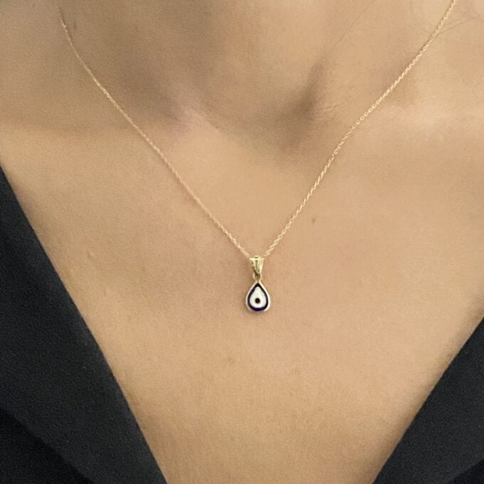 14K Real Solid Yellow Gold Teardrop Evil Eye Pendant Necklace for Women , Two Sided Minimalist Necklace, Christmas Xmas Gift for her mom