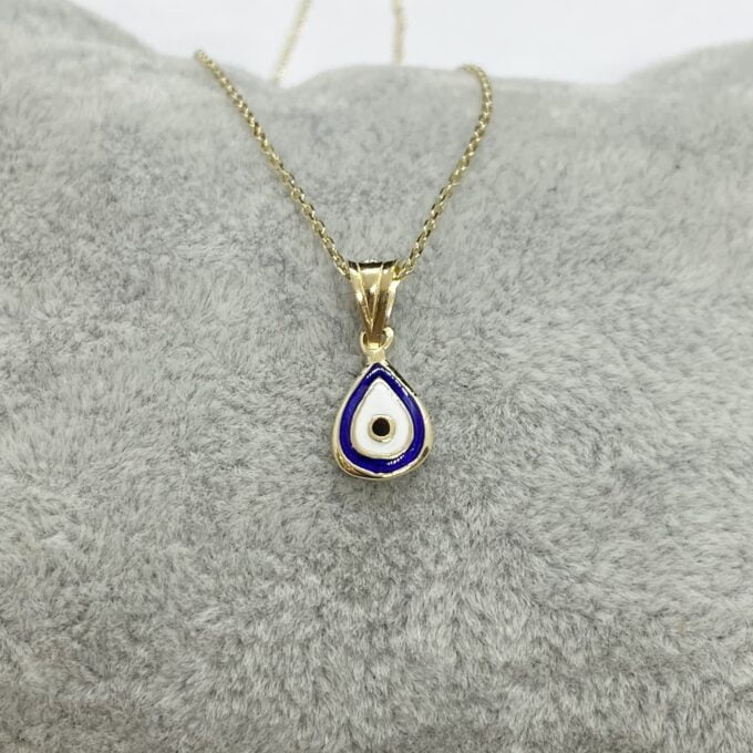 14K Real Solid Yellow Gold Teardrop Evil Eye Pendant Necklace for Women , Two Sided Minimalist Necklace, jewelry Gift for her mom