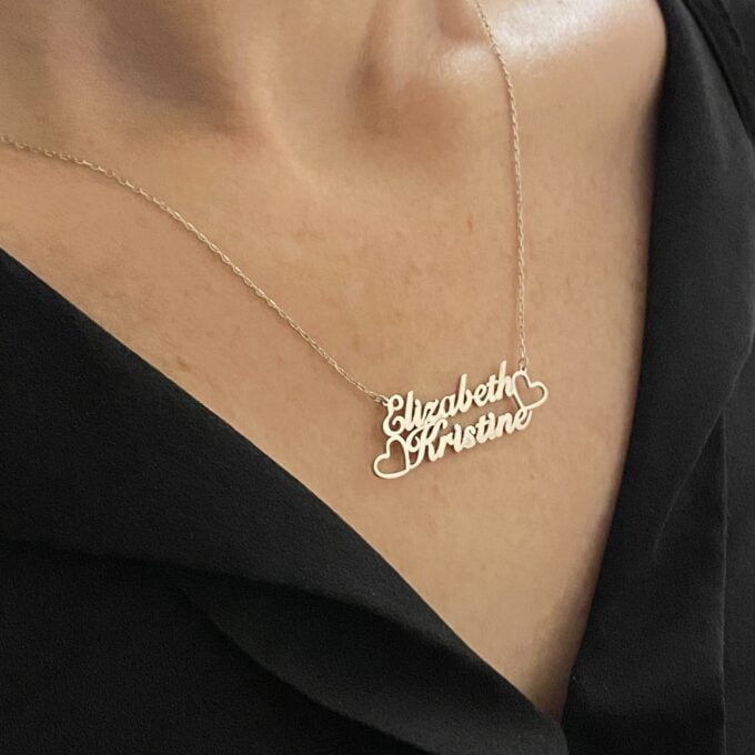 Custom Name Necklace for mom, 925 Sterling Silver Nameplated Jewelry, Personalized Gift,Family Kids Double Name Plate Necklace with Hearts