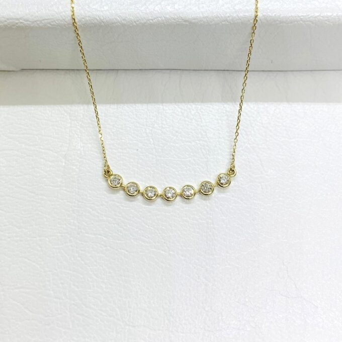 Diamond Necklace , 14K Solid Gold Curved Bar Bezel Diamond Necklace , Bridesmaid Gift , Sparkle Pave Dainty Diamond Jewelry