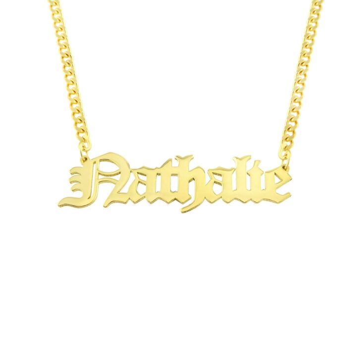 14K Real Solid Gold Old English Name Necklace