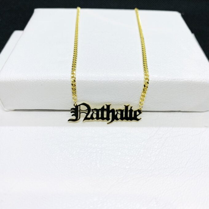 14K Real Solid Gold Old English Name Necklace , Custom Name Necklace ,Personalized Nameplate Jewelry ,Christmas Birthday Gift ,Gourmet Chain